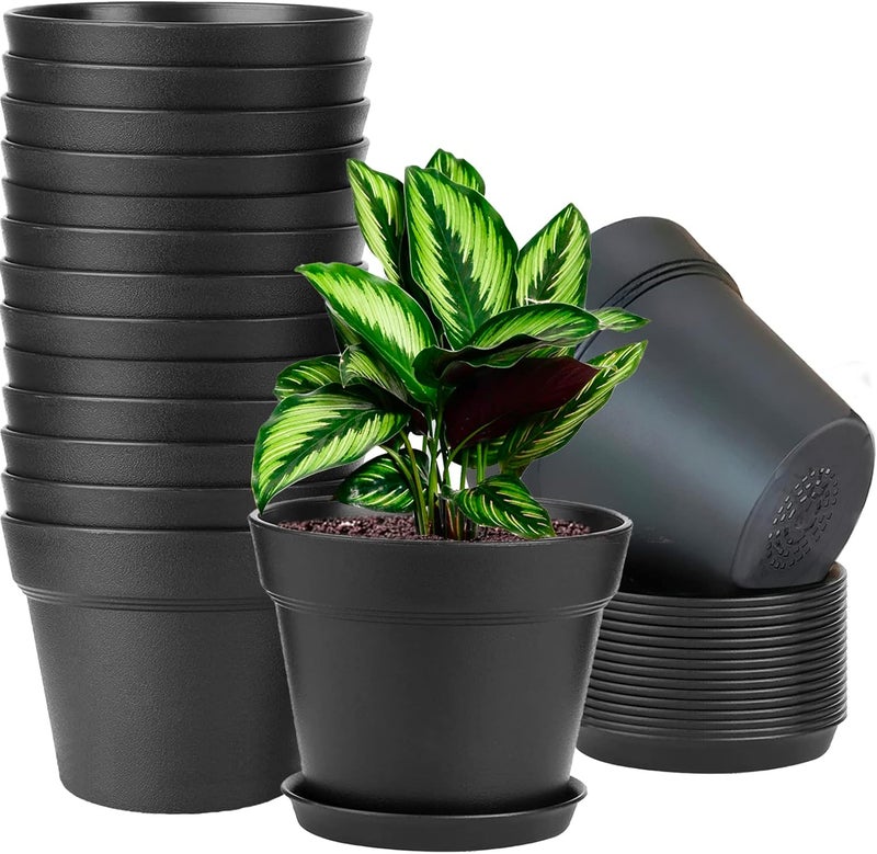 WOUSIWER 16 Pack 6 inch Plastic Planters for Indoor Flower Pots, Heavy Duty and Stylish 6 Inch Plant Pots for Indoor Plants with Drainage Holes and Tray for Plants, Flowers, Black - Image 1